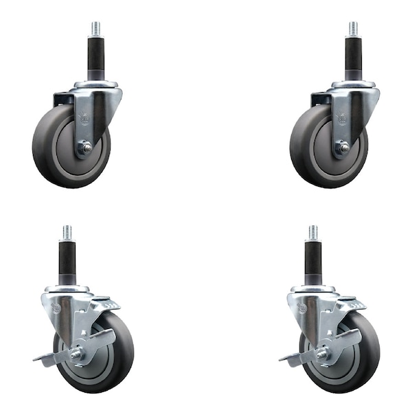 4'' SS Thermoplastic Rubber Wheel Swivel 1'' Expanding Stem Caster Set 2 Brakes, 4PK